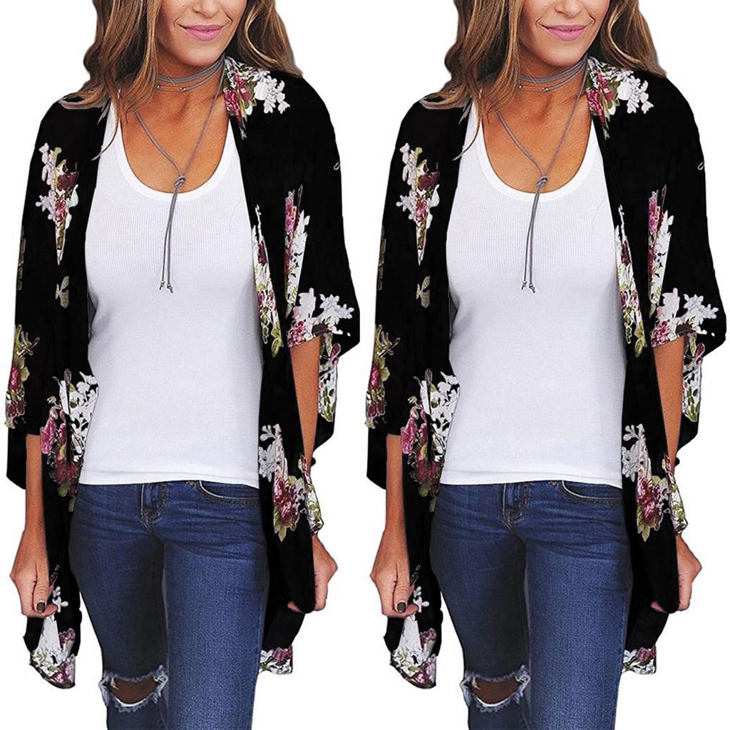 Women Chiffon Loose Shawl Print Kimono Cardigan Up Blouse Beachwear