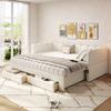Upholstered Bed, Daybed, Sofa Bed, with 2 Drawers for Storage, Sleeper Sofa, Day Bed 90x190 cm, Extendable to 180 cm, with USB Port, Beige Linen