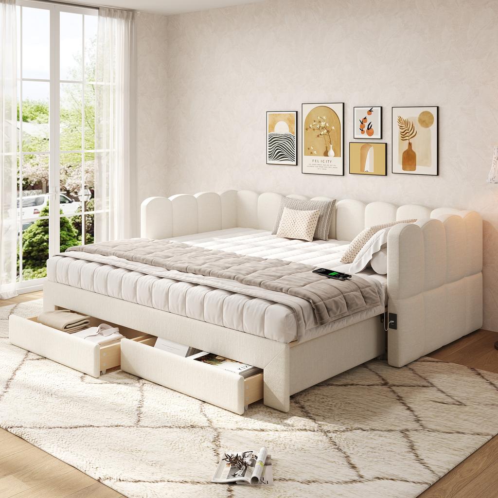 Upholstered Bed, Daybed, Sofa Bed, with 2 Drawers for Storage, Sleeper Sofa, Day Bed 90x190 cm, Extendable to 180 cm, with USB Port, Beige Linen