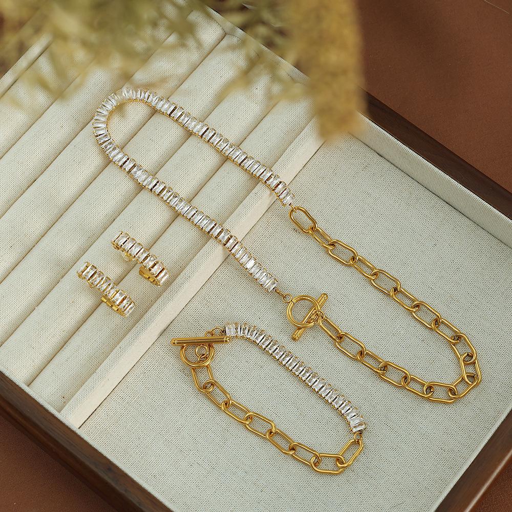 South Korea Dongdaemun cold wind design zircon splicing necklace bracelet earrings set simple