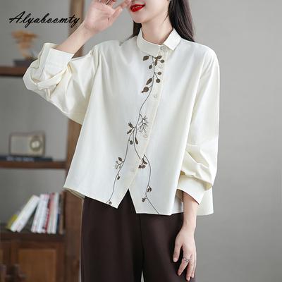 Japanischer Stil Frühling Herbst Damen Baumwollbluse Umlegekragen Weiß Apricot Dunkelgrau Blumenstickerei Shirt Vintage Langarmbluse