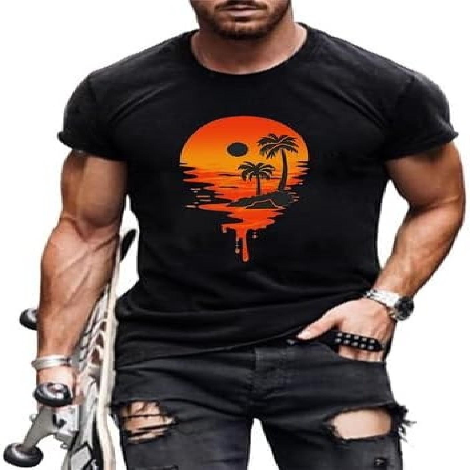 

Men s Breathable Tropical Print T-Shirt Short Sleeve Palm Tree Graphic Tee, Stretch Fit Stylish T Shirts for Men XXXXXL чорний