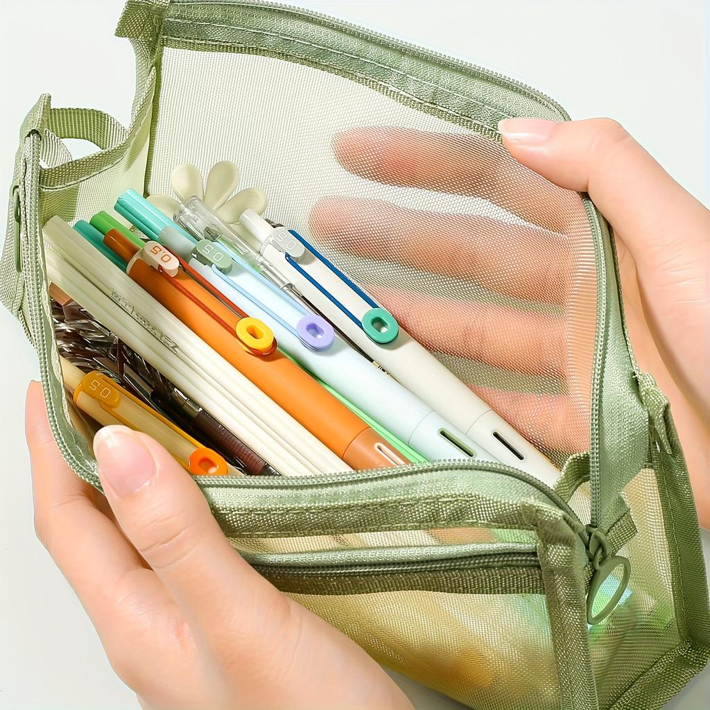 Transparent mesh pencil case with handle, double-layer pencil bag, travel makeup bag, suitable for school and office use