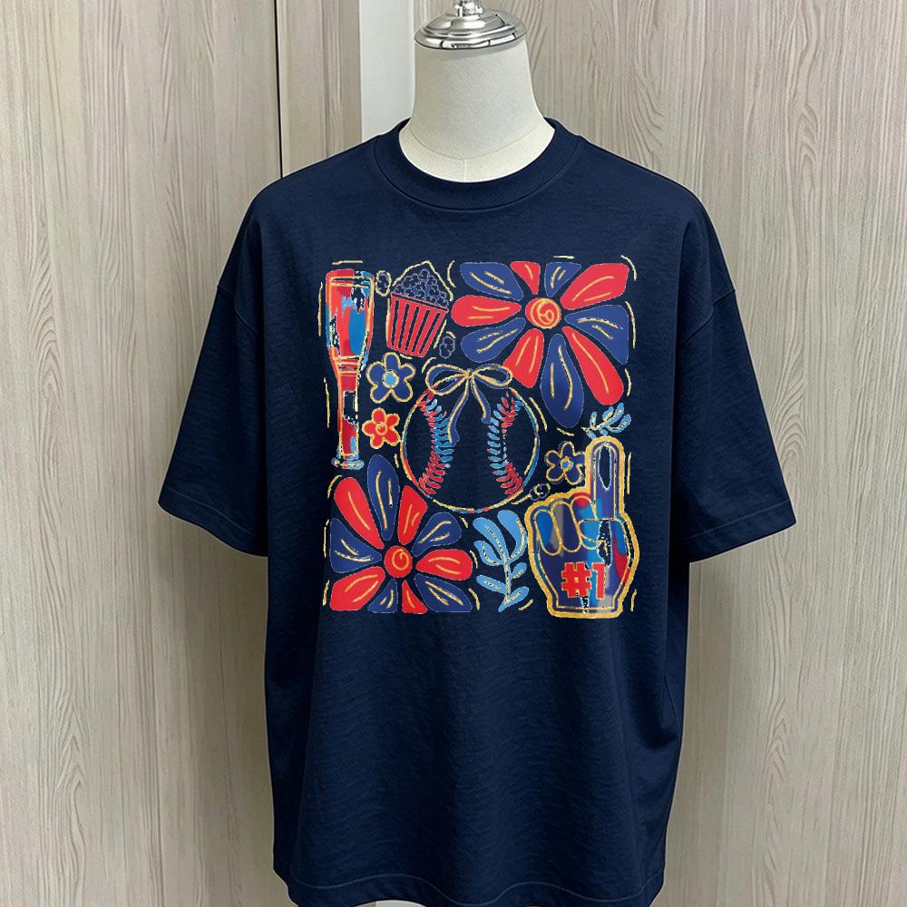 Baseball Game Day Floral Collage Graphic T Shirt Unisex Oversized Loose Cotton Short Sleeve Tee Retro Sport Flower Print
