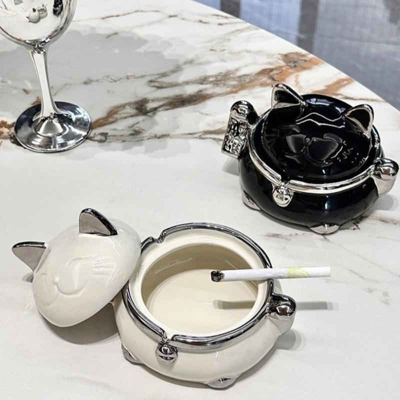 Lucky Cat Ceramic Ashtray with Lid Stylish Design for Wealth Luck Dustproof Home Decor