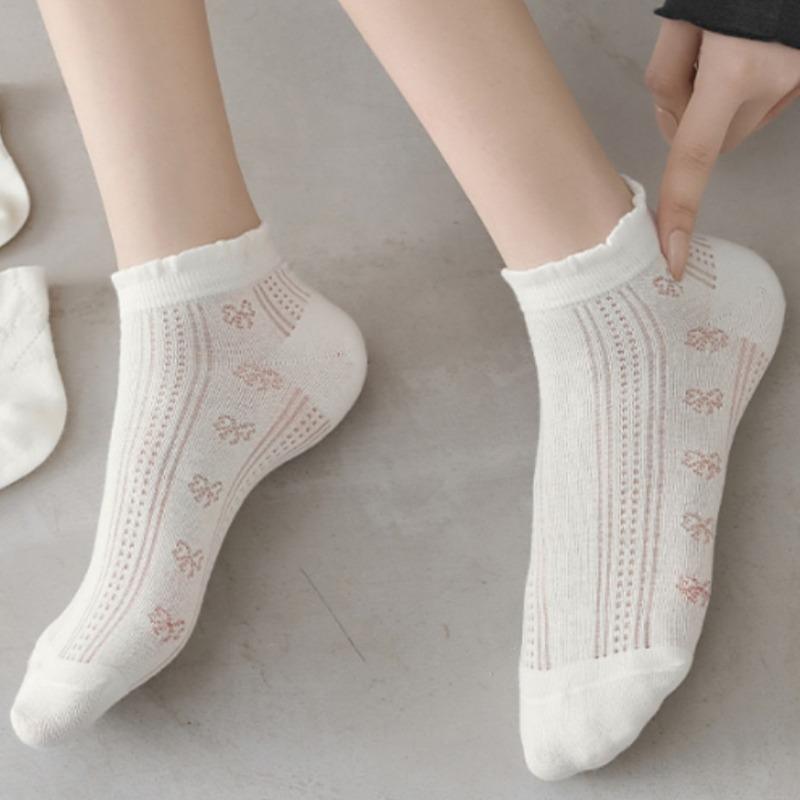 White Summer Thin Pure Cotton Mesh Breathable Bow Lace Girls' Summer Short Socks