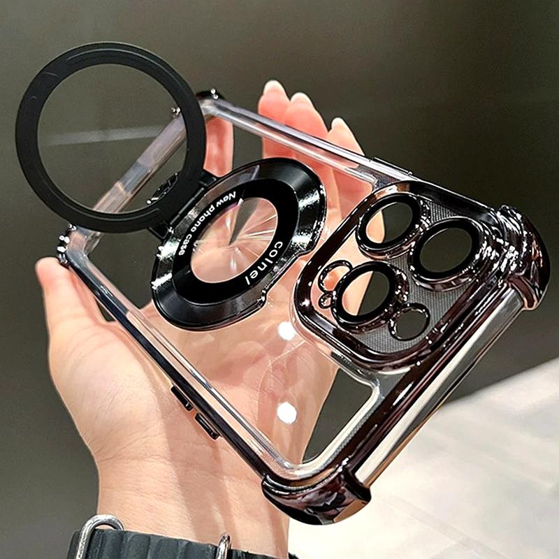 Luxury Shockproof Magsafe Clear Phone Case For iPhone 11 12 13 14 15 16 17 Pro Max Plus Magnetic With Holder Stand Bracket Cover