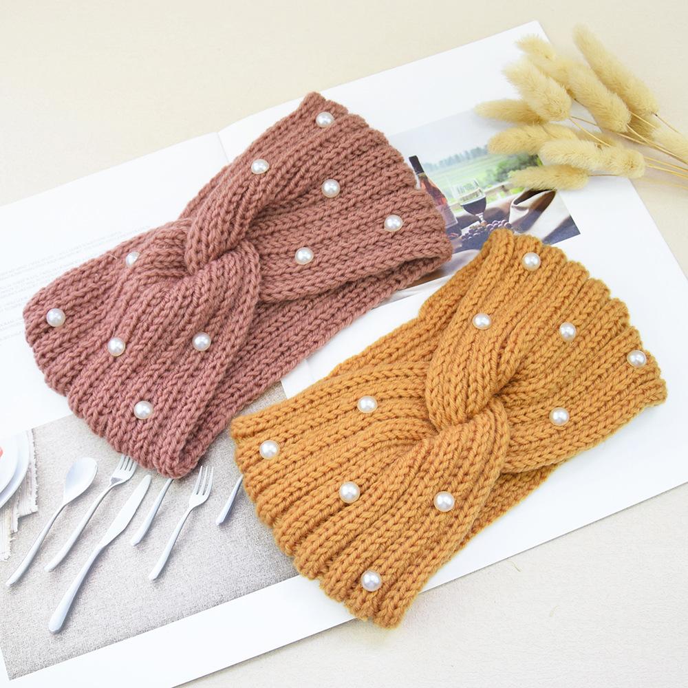 Women Wide Knitted Cross Pearl Headbands Autumn Winter New Warm Solid Hair Bands Ear Warmer Girls Elastic Sports Turban Headwrap