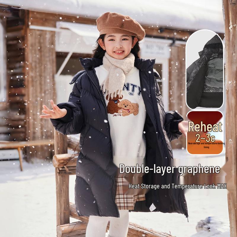 Far-Infrared Antibacterial Girls' Mid-Length Down Jacket for Older Children - Thick Winter Outerwear