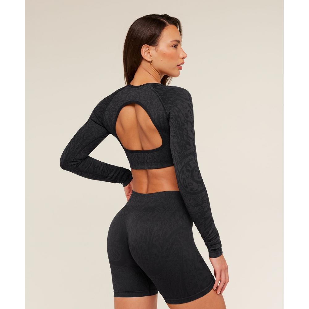 Gymshark Adapt Animal X Whitney Long Sleeve Crop Top Black Asphalt Grey b5c9X Bdrd