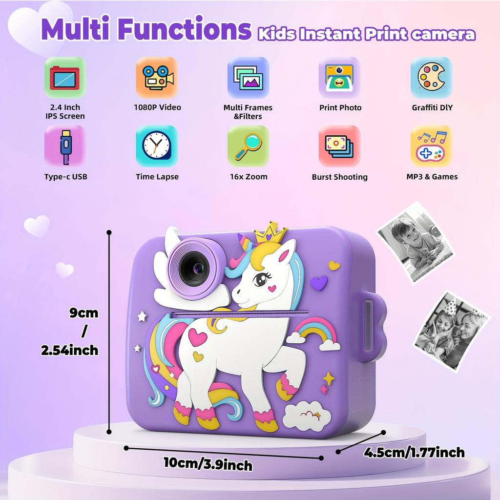 Kids Camera Instant Print with Silicone Cover, Creative Gifts for Girls Age 12+ Birthday , 1080P Digital Camera Toy