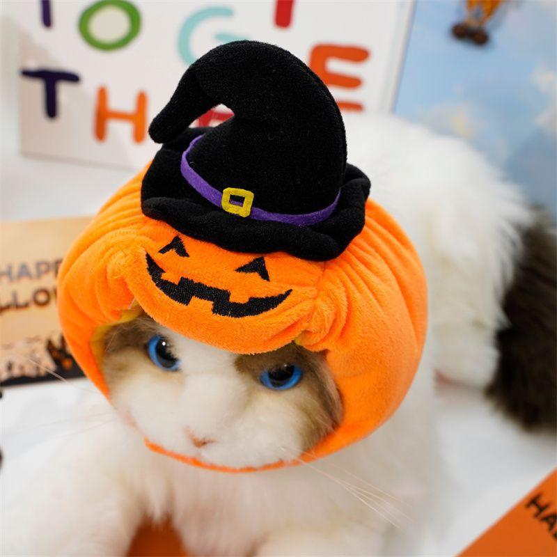 Halloween Cat Cap Pumpkin Plush Head Cover Cute Cat  Woven Warm Headdress Pet Hat Kitten  Cosplay Costume Accessories