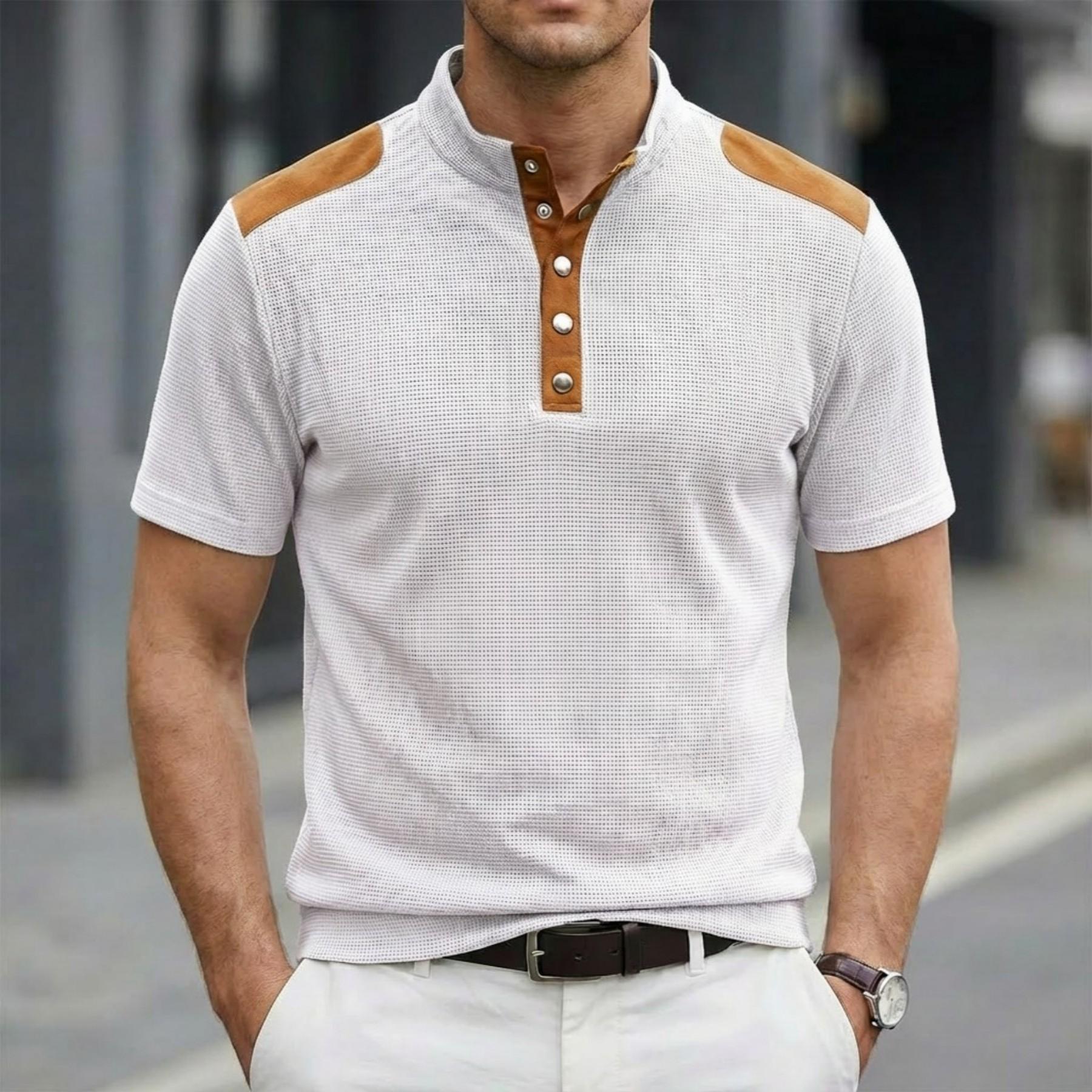 

Men’s colour-blocked brown suede stand-collar short-sleeved top with half-button fastening S белый