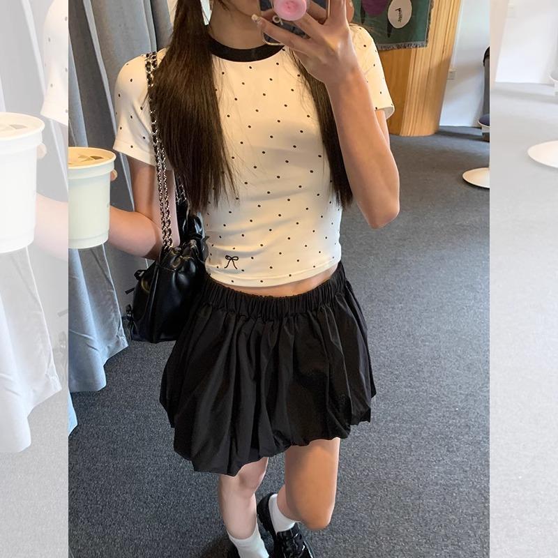 Polka Dot Contrast Stitching Round Neck Short-sleeved T-shirt for Women Summer New Style Bow Embroidered Right Shoulder Short Top