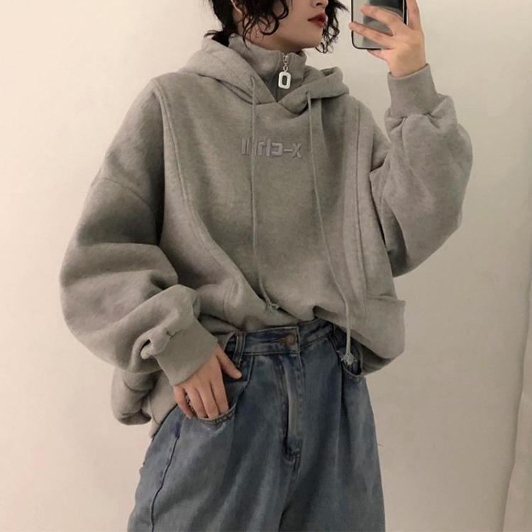 Fashion Plus Size Women's Hooded Sweatshirt Casual Loose Fleece Pullover Fake Two Pieces Top