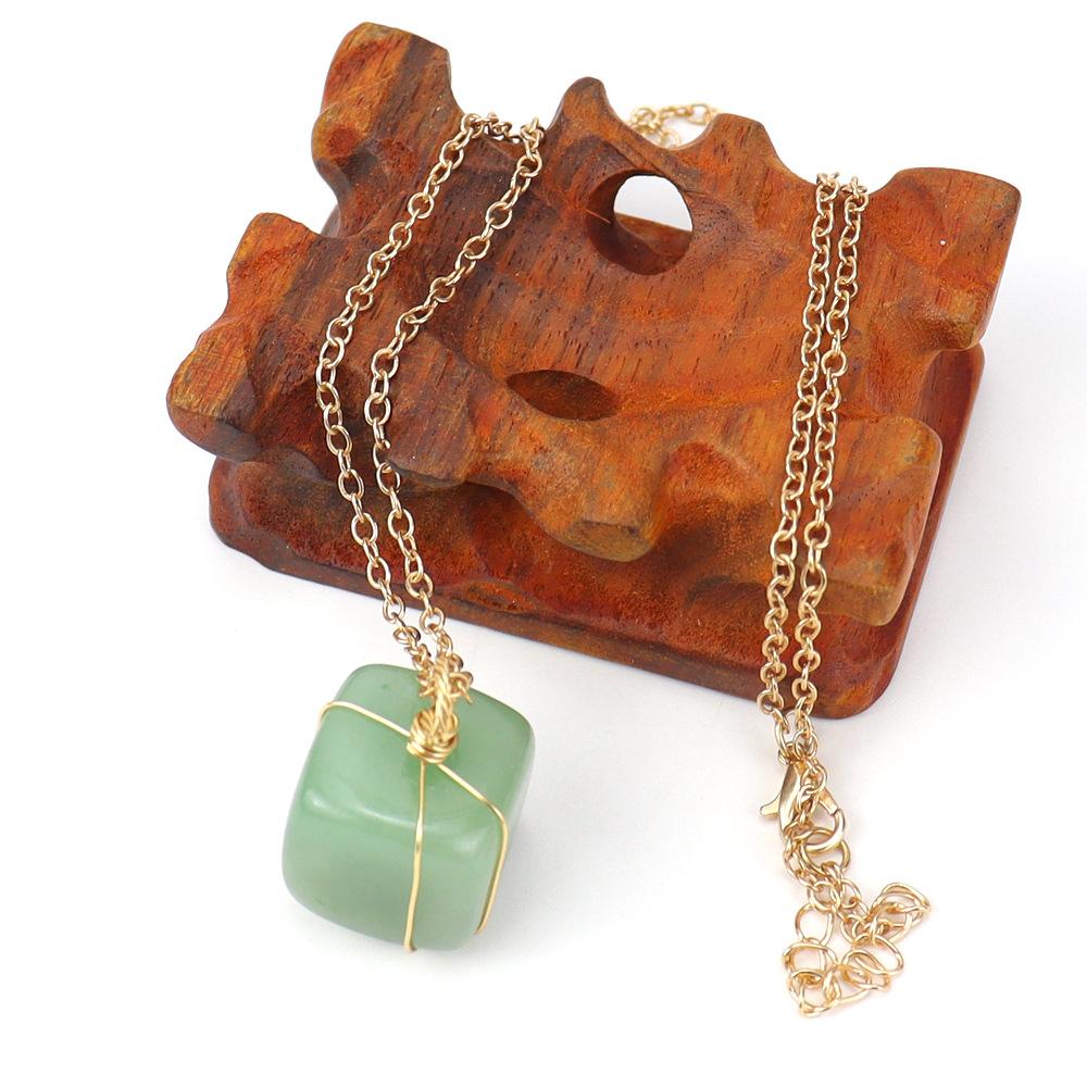 Handmade Gold Winding Multi-Color Crystal Natural Stone Tiger Stone Cube Pendant Necklace Love N596
