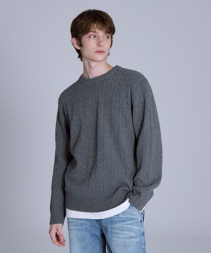 BASIC HOUSE Cable Round Neck Knit Melange Grey Lykt7101