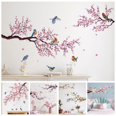Multicolor Wall Sticker PVC Chinese Style Flower Blossom Decals Green Leaf Ornament Bird On Tree Branch Stickers