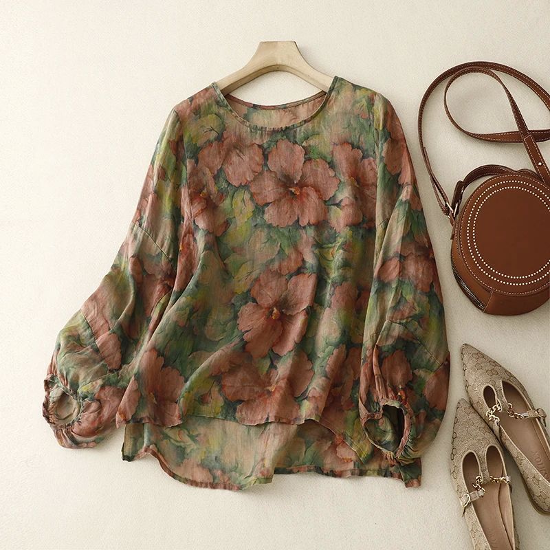

Printed Loose Lantern Sleeve Top for Women Print Loose Bishop Sleeves Top Khaki 2XL