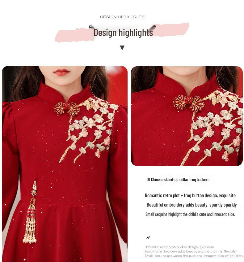 Fashionable Red New Year Princess Dress for Girls, Medium-Large, Autumn/Winter Lady-like Style