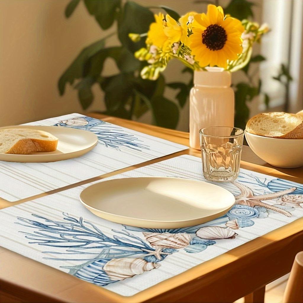 Set di tovagliette con conchiglie e stelle marine, tema costiero, in lino, per decorazione tavolo da pranzo