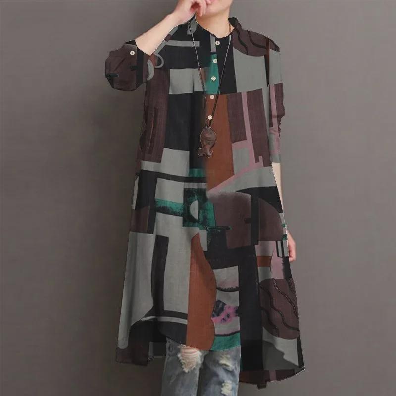 

Богемная хлопково-льняная рубашка с длинным рукавом и принтом - Повседневная, Свободная, Средней длины (Выпуск 2021 года) 4XL розовый