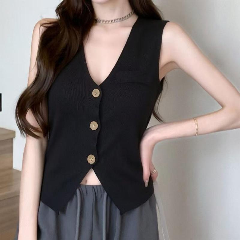 Women  Neck Knitted Vest French Retro Slim Single Breasted Sleeveless Top Trendy Soft Layer For All Occasions