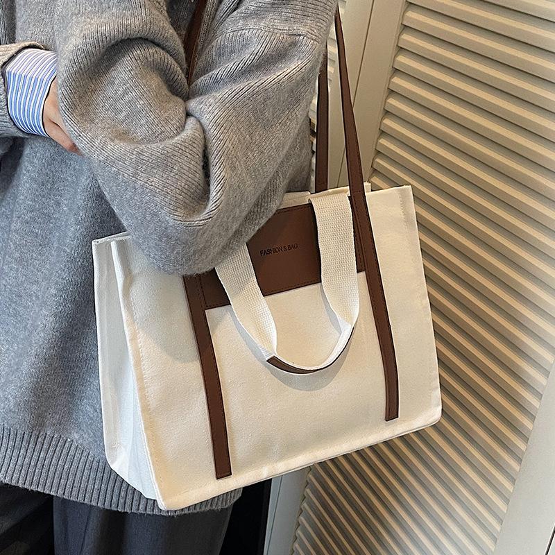 Casual Large-capacity Women's 2025 Winter New Shopping Bag Korean Version Color Matching Fashion Simple Canvas Women's Shoulder Tote Bag