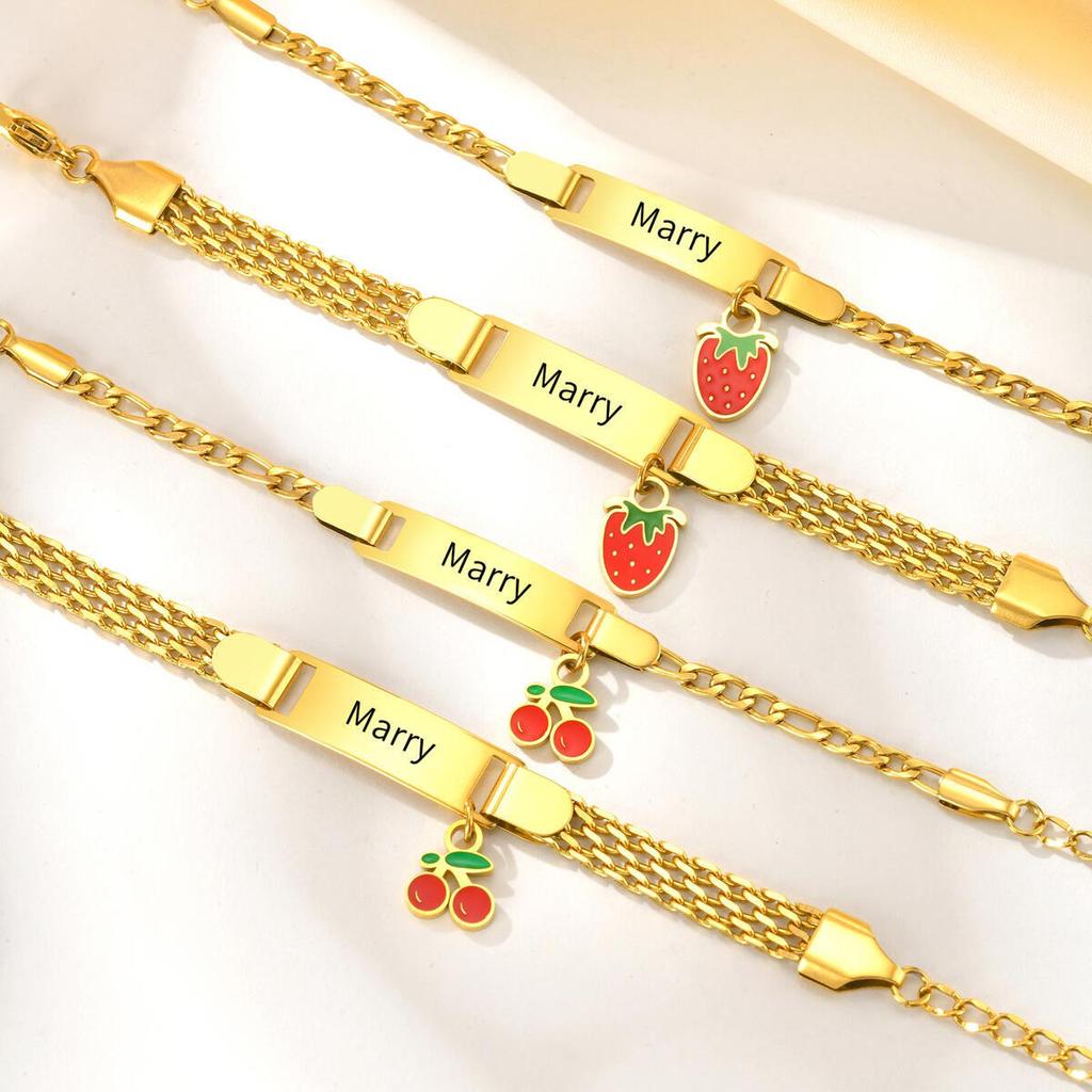 Vnox Customized Baby Bracelets With Fruit Pendant, Stainless Steel Cuban Mesh Chain Free Engraving Bar, Jewelry Birthday Gift