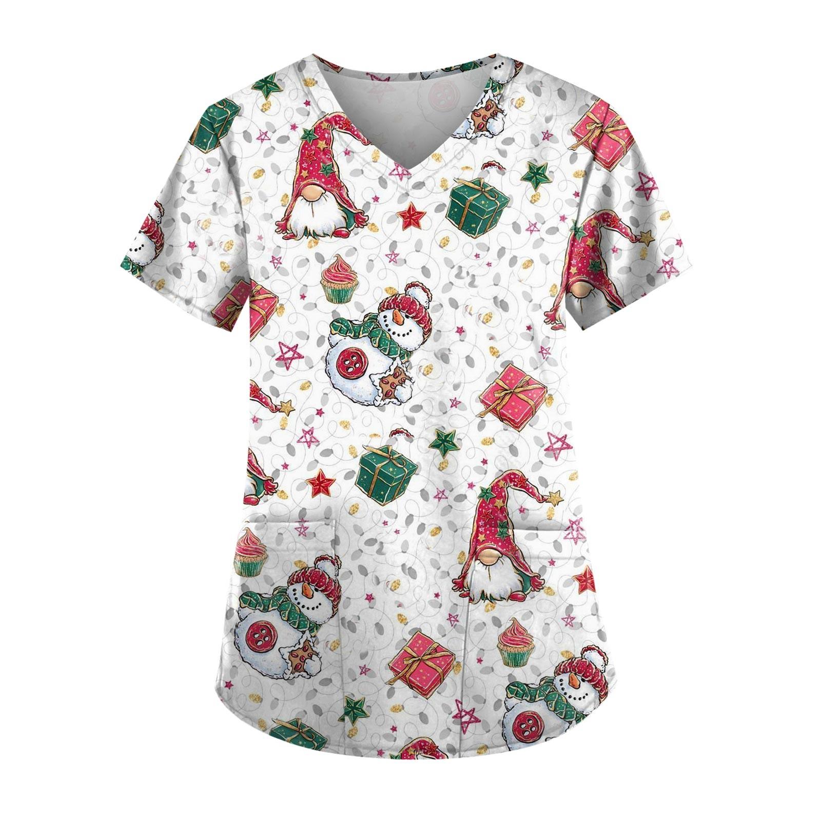 

Рождественский женский модный повседневный рождественский топ с v-образным вырезом и принтом, защитный рабочий костюм S