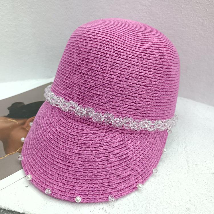 Pălărie ecvestră cu limbă de rață țesătă din paie cu perle de cristal Pălărie de paie de cavaler versatilă coreeană pentru femeie de vară Pălărie de soare la modă ocazională