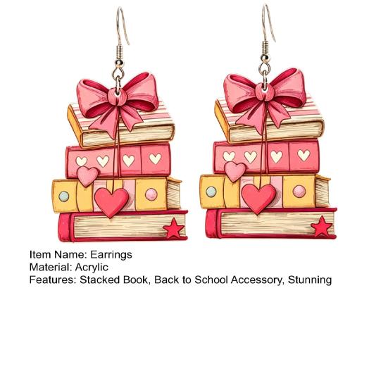 Acrylic Dangle Earrings 1 Pair Book for Women, Vintage Stacking with Pink Worm Gift Ideas Bow And Heart, Funny Jewelry, Back to School Gifts Teachers