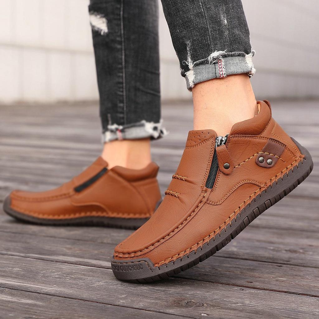 Men's High-top Casual Leather Shoes Hand-stitched Plus Size 38-50 Non-slip Soft Sole Flats with Zipper for Walking Working