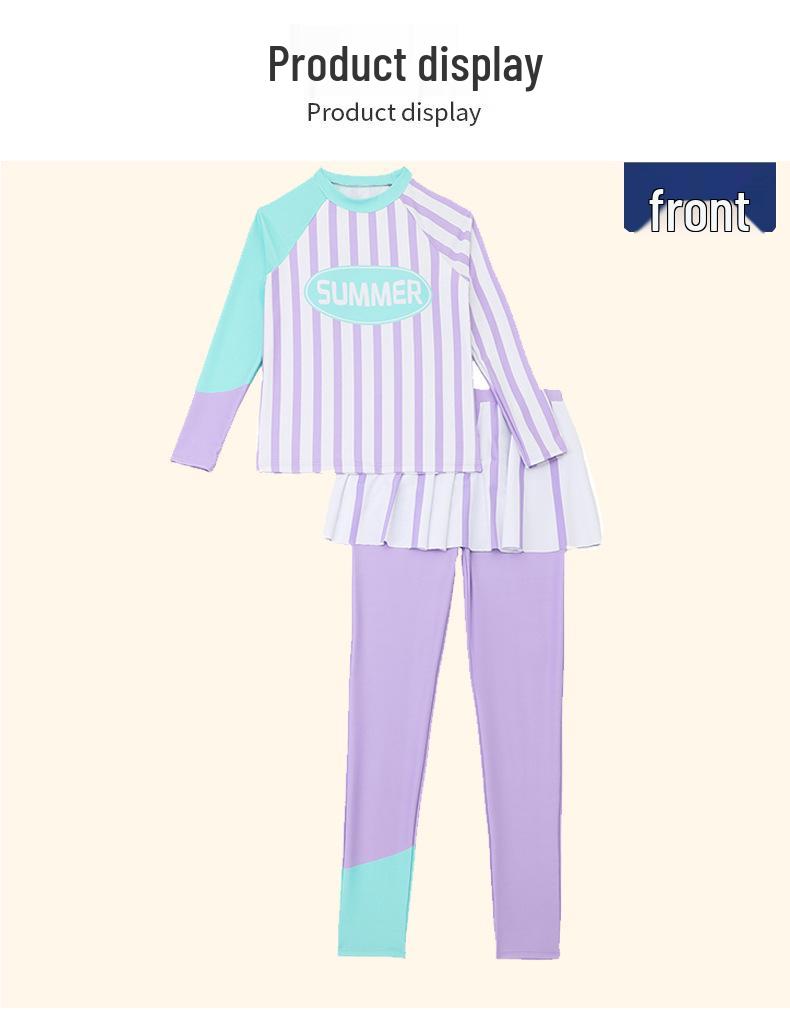 Girls' 2024 Striped Long Sleeve & Pants Two-Piece Swimsuit with Skirt
