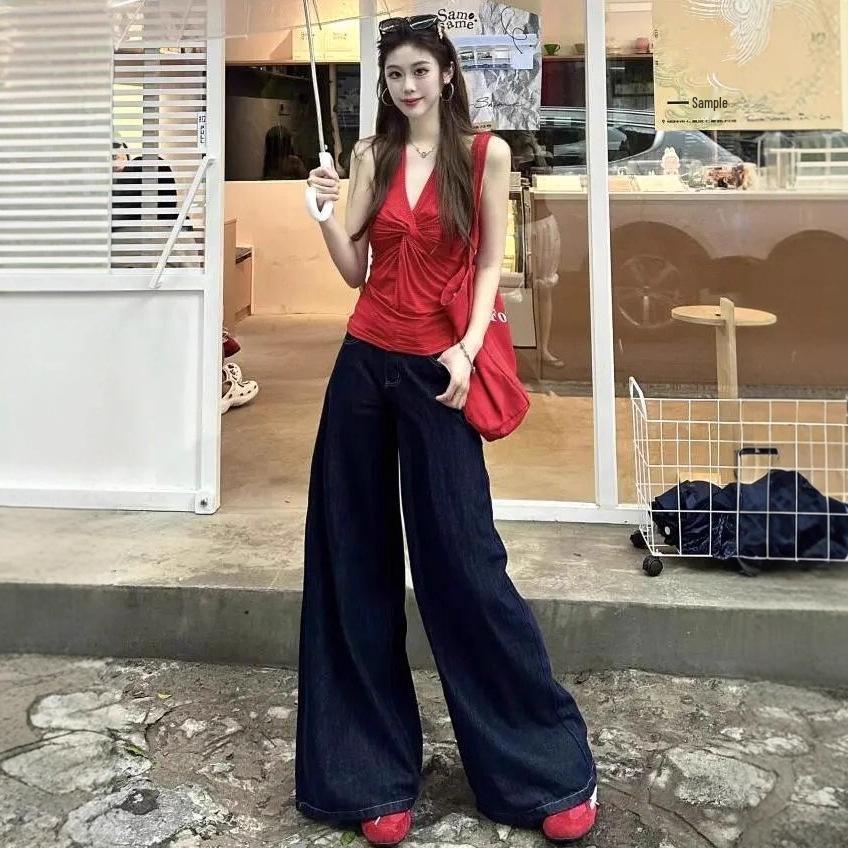 145cm Petite XS Women s Deep Blue Wide Leg High Waist Jeans - 2025 Summer Collection L глубокий/синий