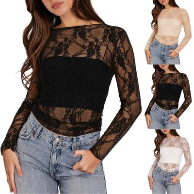 Women's Sheer Mesh Lace Long Sleeve Neck Blouse, Slim Fit Top for Evening Party