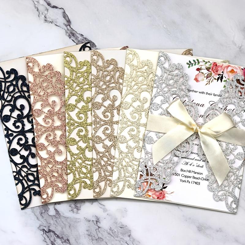 10 Stück Glitzer Einladungskarte mit Band Grußkarten Hochzeit Mariage Einladung Party Taufe Bar Mitzwa Party Dekoration
