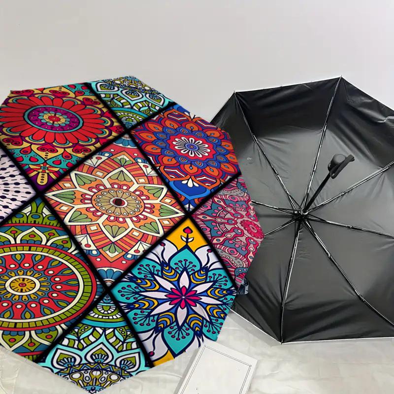 1PC Mandala PatternsAutomatic Open/Close Umbrella with Windproof, 8-Rib Sturdy Canopy, Durable Ribs, Fashionable Design, Outdoor Accessory, Fun Prin,