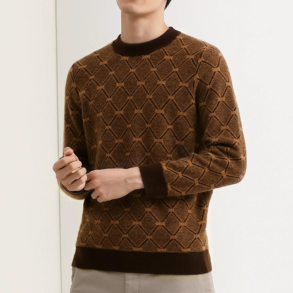 Men's Diamond Plaid Knitted Sweater Long Sleeved Pullover Sweater