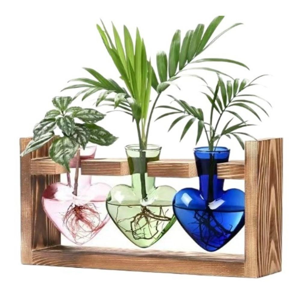 Minimalist Transparent Heart Shaped Glass Vase Wooden Stand Elegant Hydroponic Vase Colorful Flower Container Home Decoration