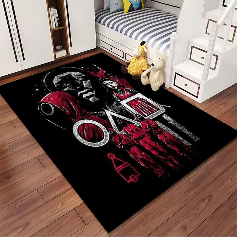 "Black Carpet with Red Abstract Design and Game Character Print" Suitable for Use As an Anti-slip for Living Room Bedroom Sofas