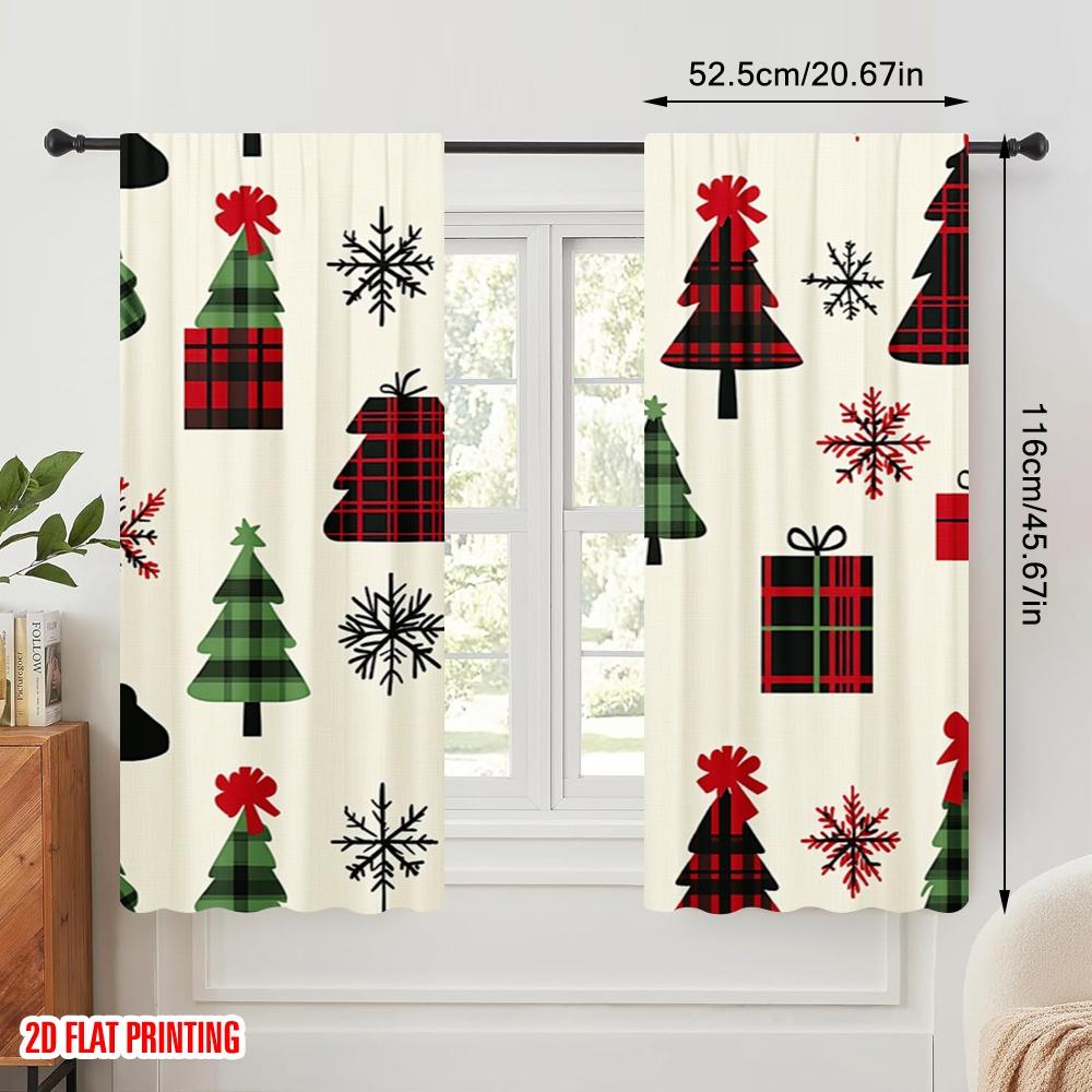 2pcs,2D Plane Printing Print Curtains Buffalo Plaid Christmas Trees Snowflakes_b Durable 100% Polyester Fabric (without Rod) All