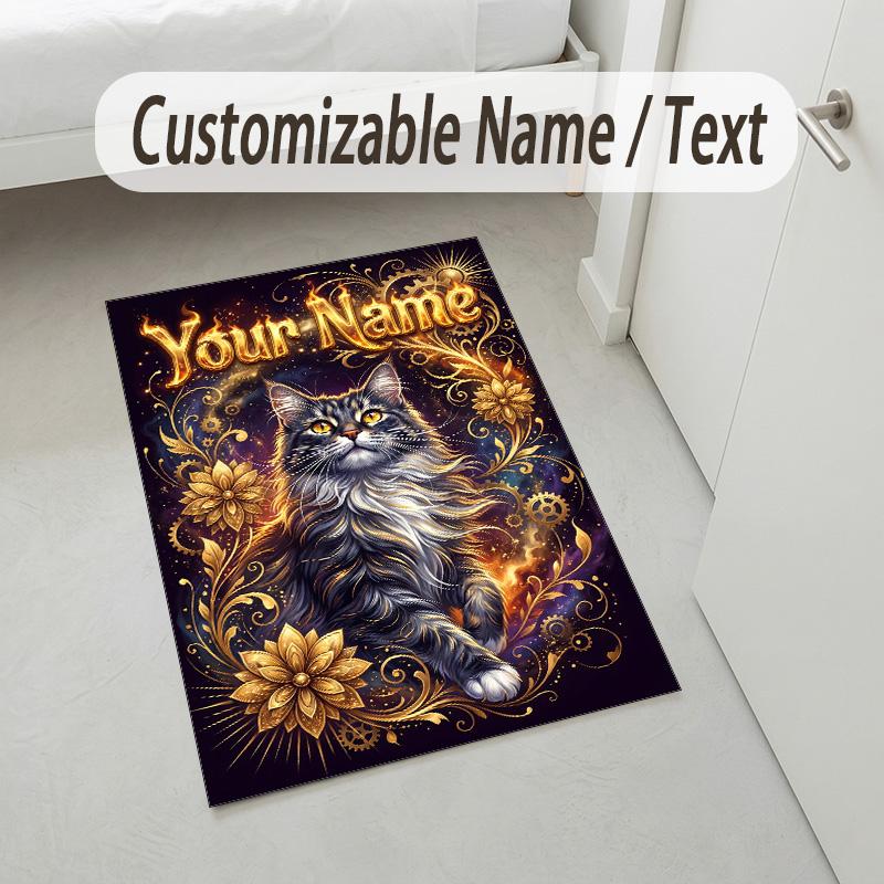 Cat Theme Crystal Velvet Rug Personalized Custom Name Text Soft Floor Mat Home Decor