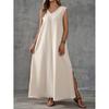 Women V Neck Sleeveless Side Split Maxi Dress Loose Fit Solid Color Casual Summer Beach Dress
