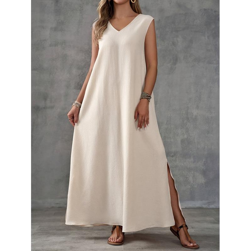 Women V Neck Sleeveless Side Split Maxi Dress Loose Fit Solid Color Casual Summer Beach Dress