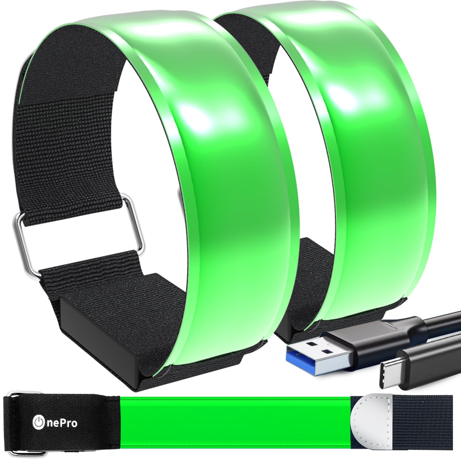 

OnePro LED USB C for Night and Light Belt for Prevents Nighttime Reflective Velcro Comfortable to Wear Armband, Rechargeable, Sports, Running,