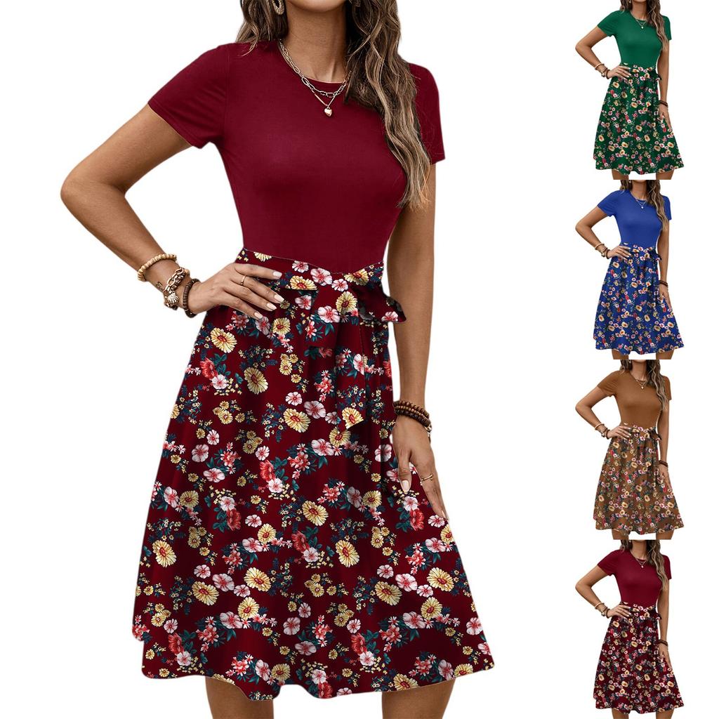 Women's Fashionable Retro Patterned Printing Color Blocked Belt Casual Dress