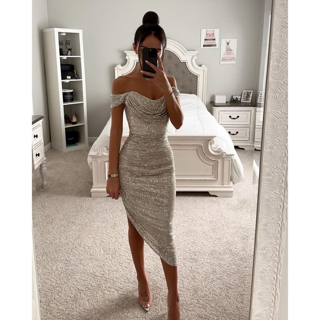 Damen schulterfrei kurzärmliges Midi-Kleid schmale Passform hohe Taille einfarbig Pailletten gerafft Bodycon Kleid