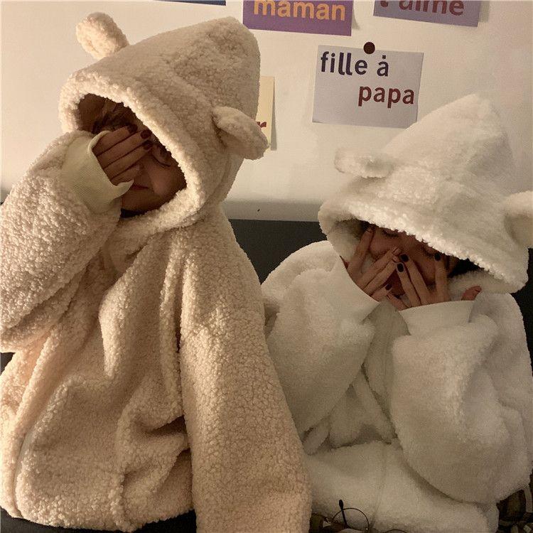 Felpe con cappuccio con zip dolce orso Kawaii donna giapponese Harajuku carino orecchio studente scolastico felpa con cappuccio spessa invernale