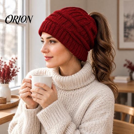 Easy Match Winter Cap Women's Ponytail Beanies, Warm Cable Knit Hat with Practical Gift for Her Hole, Thick Acrylic Outdoor Cold Weather Skull Ladies